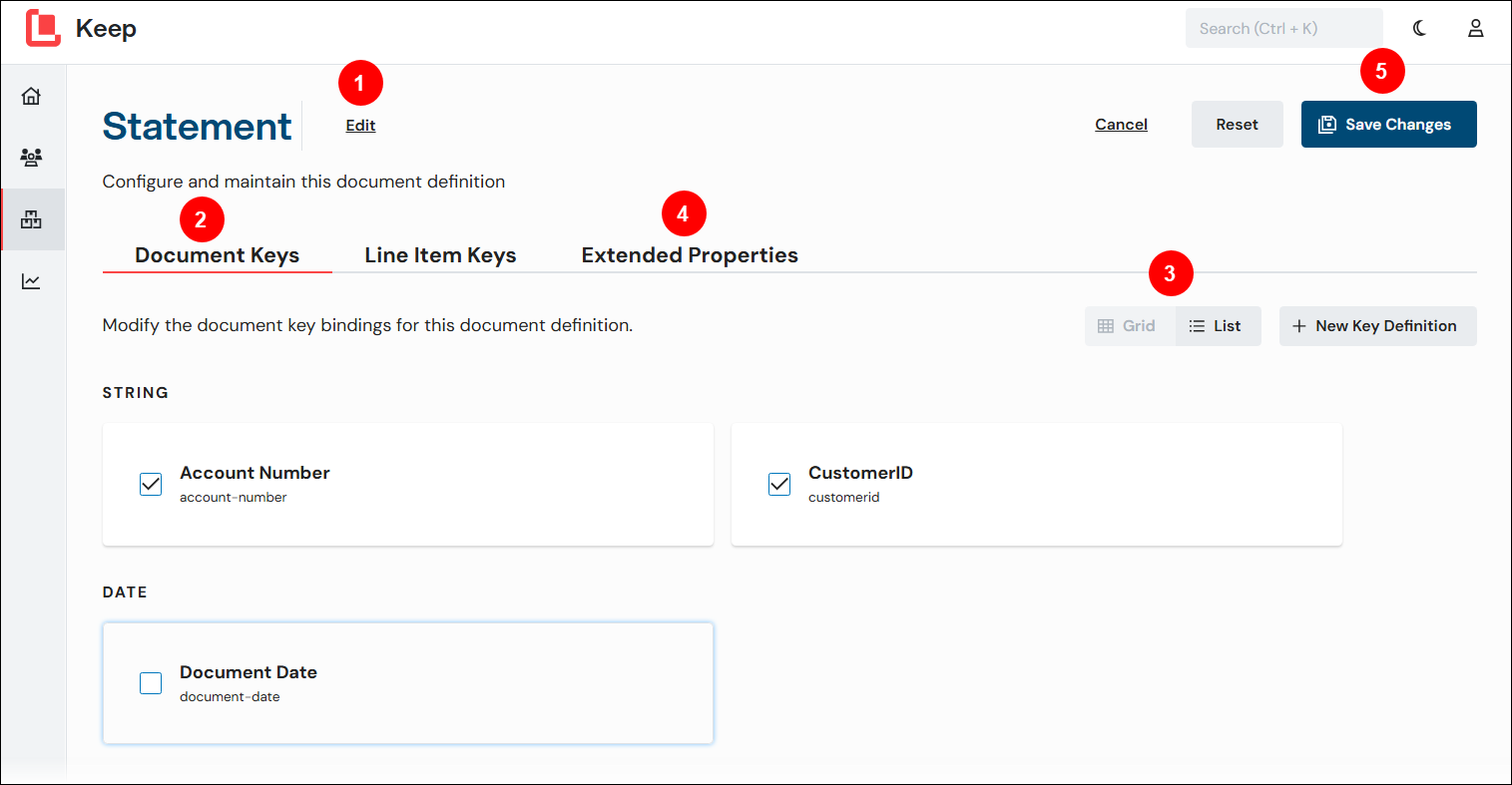 A number annotated image that supports instructions on how to edit a document definition.